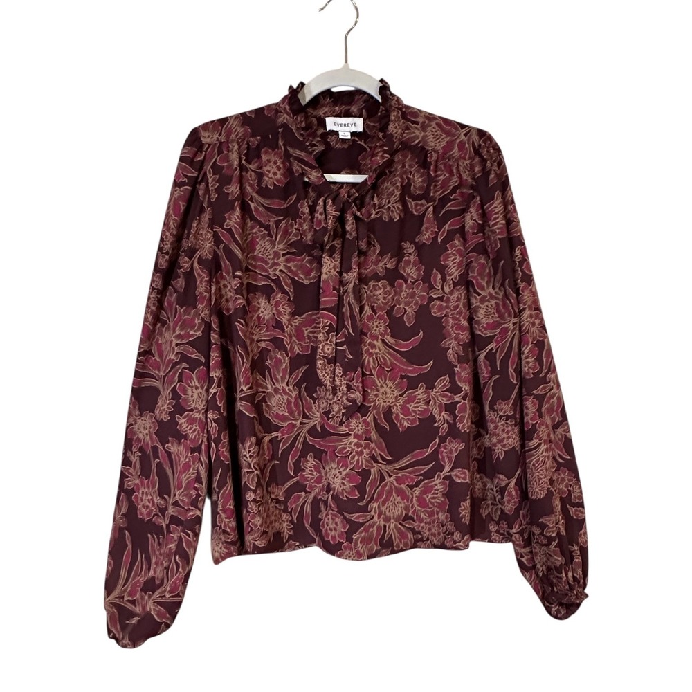 Evereve Womens Floral Tie Neck Ruffle Blouse Burgundy Large Boho Feminine - Picture 2 of 8